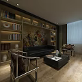 Modern Office Interior Design With Bookshelves Desk Chairs Wooden Flooring And Lighting