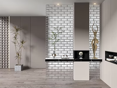 Modern Entryway Console Table With Brick Wall Decorative Sculpture Potted Plant And Marble Top 3d model
