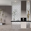 Modern Entryway Console Table With Brick Wall Decorative Sculpture Potted Plant And Marble Top