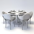 Modern Round Wooden Dining Table Set With Six Gray Chairs And Tableware 3d model