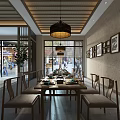 Modern Open Restaurant Interior With Wooden Dining Tables And Pendant Lights