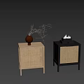 Modern Wooden Nightstands With Rattan Panels And Decorative Vase Dried Branches Incense Box