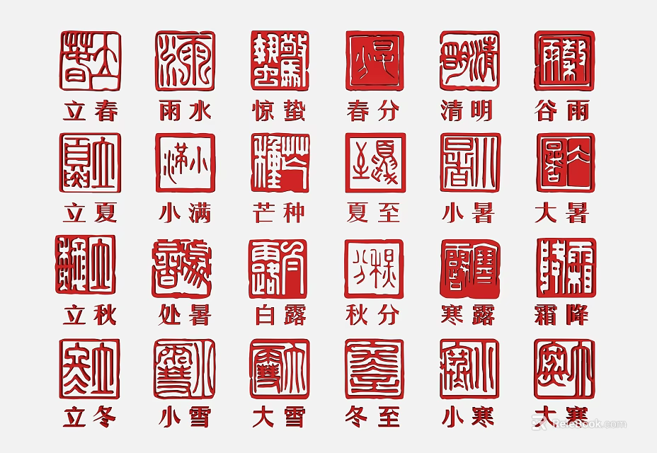 Traditional Chinese 24 Solar Terms Red Calligraphy Seals Wall Decor Art Piece 3d model 