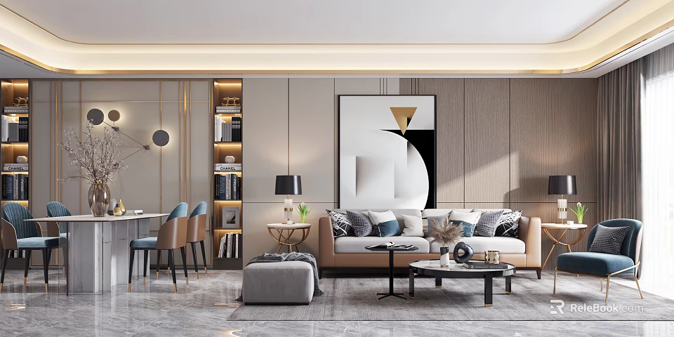 Modern Luxury Living Dining Room Interior With Sofa Coffee Table Dining Chairs And Decorative Painting 3d model 