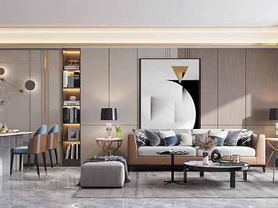 Modern Luxury Living Dining Room Interior With Sofa Coffee Table Dining Chairs And Decorative Painting 3d model