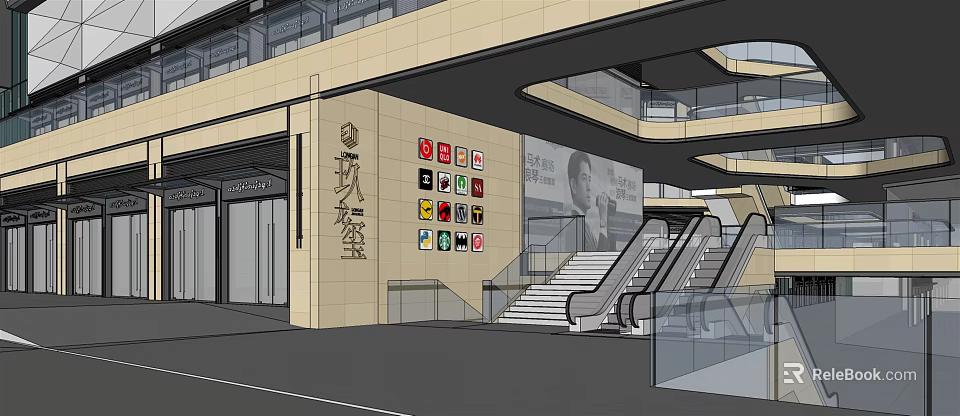 Modern Building Facade With Entrance Signage Glass Elements And Escalators 3d model 
