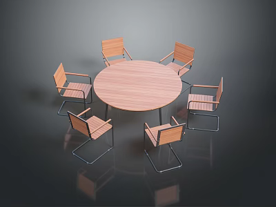 Modern Round Wooden Dining Table Set With Six Chairs And Metal Legs 3d model
