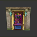 Classic Wooden Door With Ornate Carved Design And Stone Pillars Featuring Lintel And Wall Lamps