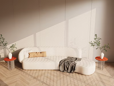 Unique Irregular Sofa With Throw Pillow Blanket Green Plants And Herringbone Floor 3d model