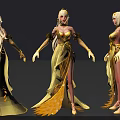 Woman in Elegant Yellow Long Dress with Golden Hair and Feather Details