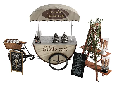 Mobile Gelato Cart with Umbrella Chalkboard Menu and Display Stand 3d model