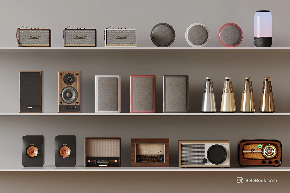 Assorted Retro And Modern Audio Devices Collection Featuring Radios Speakers On Shelf 3d model 
