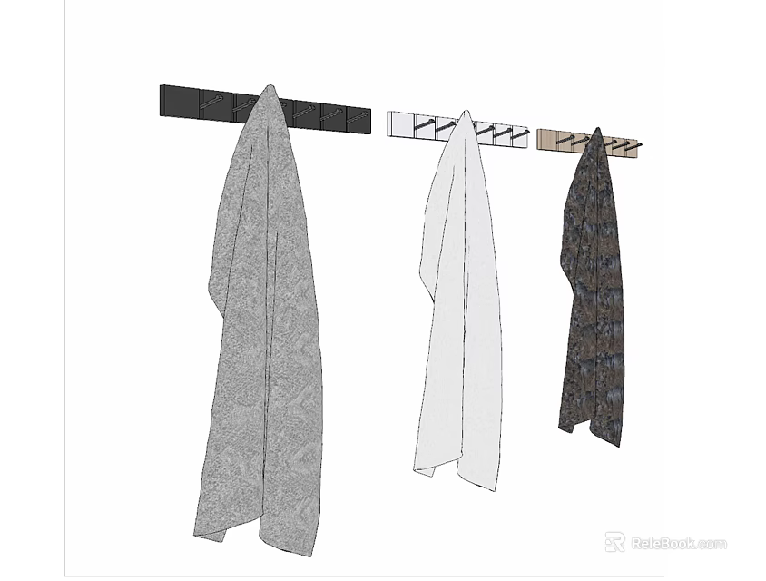 Stylish Wall Hooks With Gray White And Dark Towels Hanging Neatly 3d model 