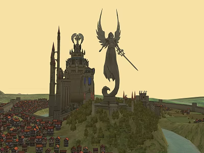 Cartoon Fantasy Scene With Castle Winged Statue Small Town River And Green Trees 3d model