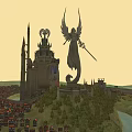 Cartoon Fantasy Scene With Castle Winged Statue Small Town River And Green Trees