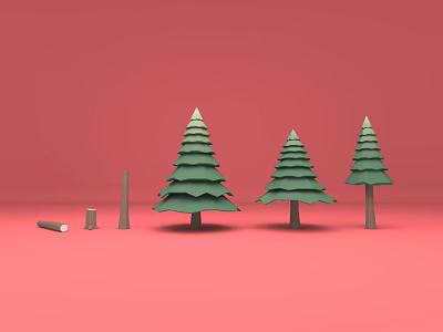 Cartoon Scene With Green Pine Trees Tree Stumps And Red Background 3d model