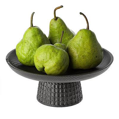 Four Fresh Green Pears Arranged on Black Pedestal Fruit Tray 3d model