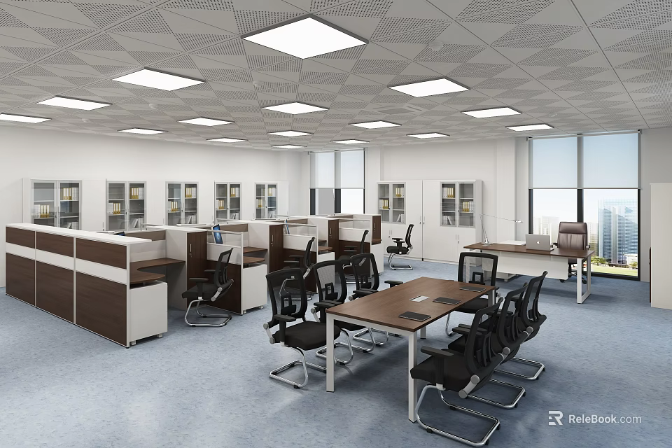 Modern Office Interior With Workstations Desks Chairs Windows And Ceiling Lights 3d model