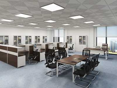 Modern Office Interior With Workstations Desks Chairs Windows And Ceiling Lights 3d model