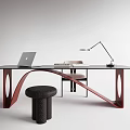 Modern Minimalist Desk With Black Top Red Legs Laptop Lamp Chair And Stool