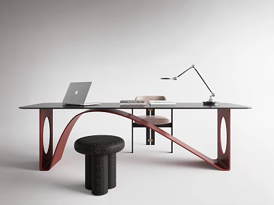 Modern Minimalist Desk With Black Top Red Legs Laptop Lamp Chair And Stool 3d model