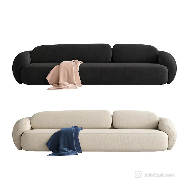 Cozy Modern Black and Beige Sectional Sofa with Pink and Blue Throws 3d model