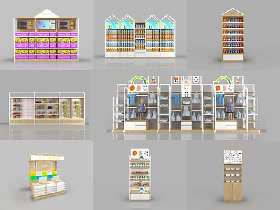 Display Shelves With Multi Layer Design Various Styles For Retail Stores Colorful And Wooden Structures 3d model