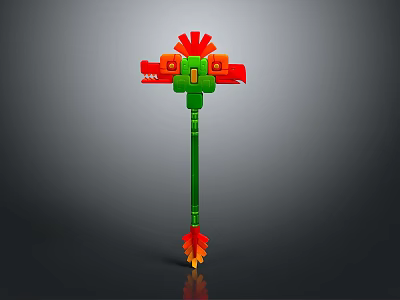 Vibrant 3D Modeled Weapon With Long Green Handle Red Decorative Head And Orange Bottom Accents 3d model