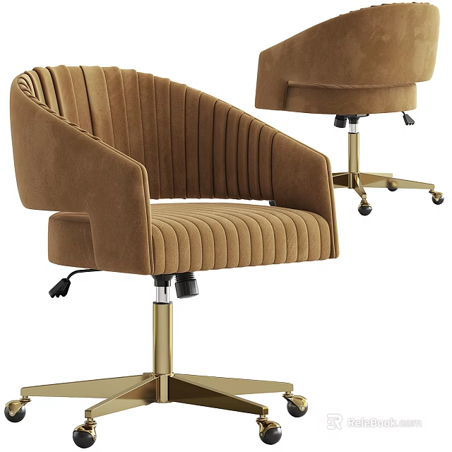 Modern Brown Pleated Velvet Armchair With Gold Base And Rolling Wheels 3d model 