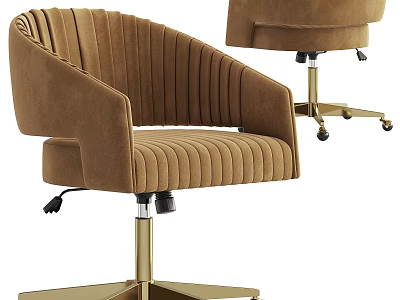 Modern Brown Pleated Velvet Armchair With Gold Base And Rolling Wheels 3d model