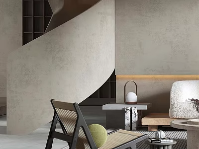 Minimalist Modern Interior Design With Leisure Chair Spiral Wall And Side Table 3d model