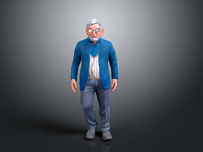 Elderly Man With White Hair Wearing Glasses Blue Jacket Striped Shirt Jeans Gray Shoes 3d model