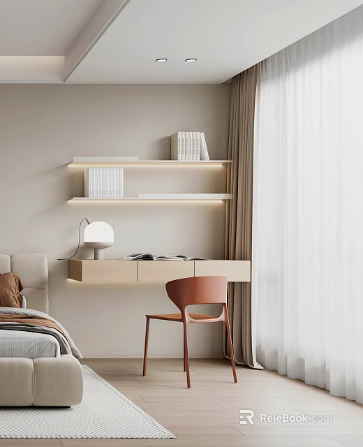 Modern Minimalist Desk Setup With Shelves Lighting Table Lamp And Orange Chair 3d model 