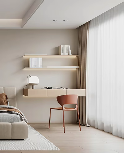 Modern Minimalist Desk Setup With Shelves Lighting Table Lamp And Orange Chair 3d model