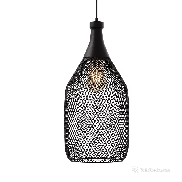 Modern Black Mesh Diamond Pattern Bottle Shaped Pendant Light with Illuminated Bulb 3d model 