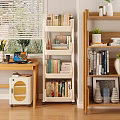 White Storage Shelf Organizer with Books Boxes Next to Wooden Desk by Window