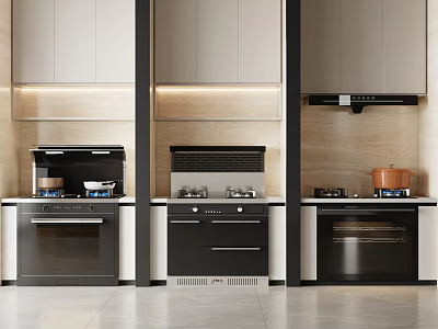 Modern Kitchen Interior Showcasing Stylish Stove Oven And Cabinet Appliances 3d model