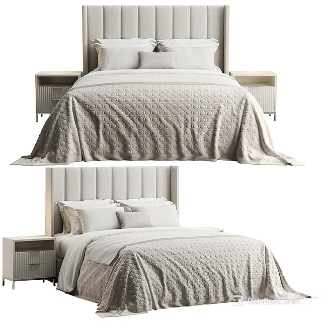 Modern Double Bed Featuring Upholstered Headboard Light Colored Textured Bedding And Nightstands 3d model 