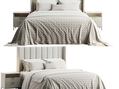 Modern Double Bed Featuring Upholstered Headboard Light Colored Textured Bedding And Nightstands 3d model