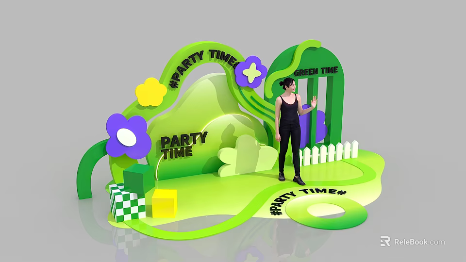 Vibrant Green Floral Installation for Party Time with Purple Yellow Flowers and Grass like Decor 3d model 