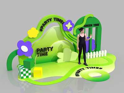 Vibrant Green Floral Installation for Party Time with Purple Yellow Flowers and Grass like Decor 3d model