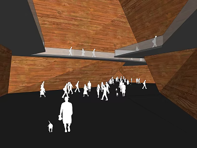 Spacious Museum Building Interior With Wooden Walls Ceiling And Visitors 3d model