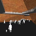 Spacious Museum Building Interior With Wooden Walls Ceiling And Visitors