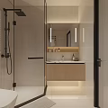 Modern Bathroom Interior Design With Glass Shower Partition Wooden Vanity And Mirror Lighting