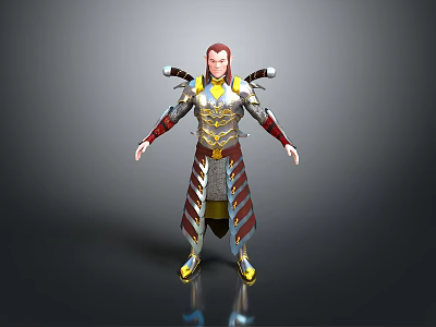 Man in Ornate Gold Red and Silver Armor with Decorative Shoulder Accents 3d model