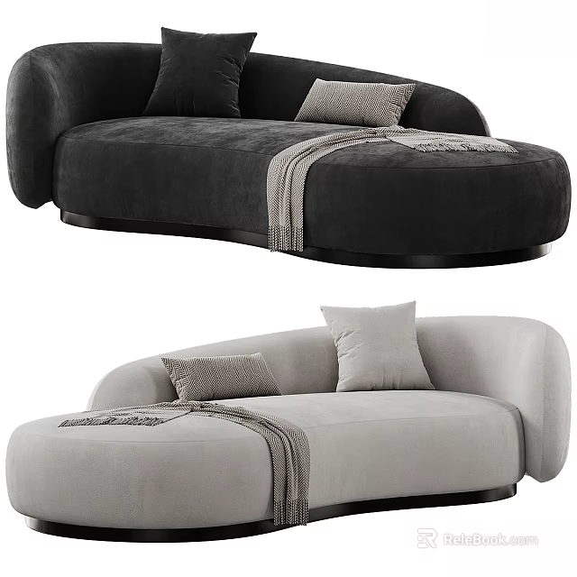 Black And Beige Curved Sectional Sofa With Throw Pillows And Blanket 3d model 