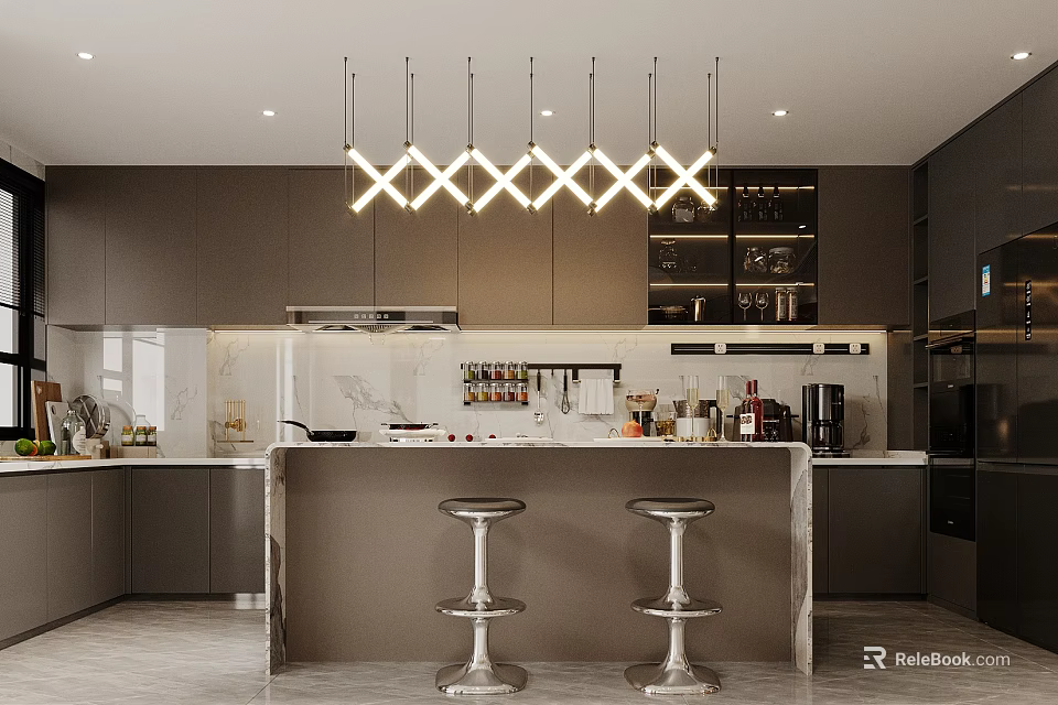Modern Bar Area Interior Design With Two Bar Stools Pendant Lights And Cabinets 3d model 