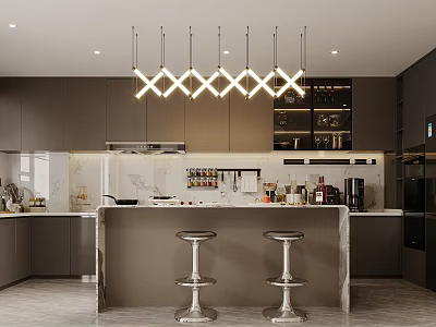 Modern Bar Area Interior Design With Two Bar Stools Pendant Lights And Cabinets 3d model