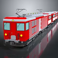 Modern Red Electric Train with White Stripes and Yellow Headlights on Grey Background Reflection