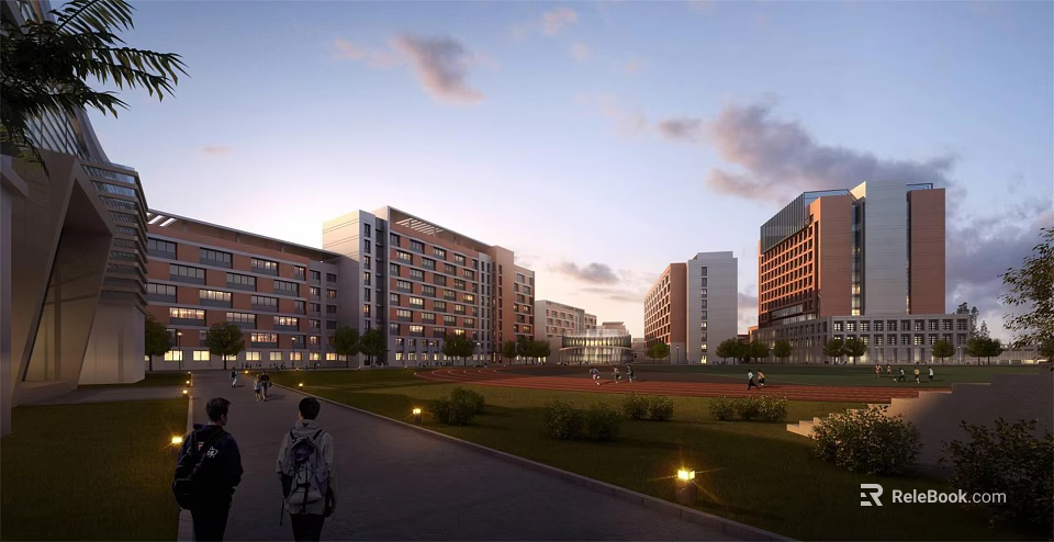 Modern School Building Campus With Green Lawn Pathway And Students Walking 3d model 